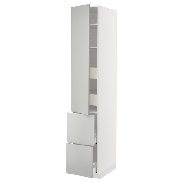 METOD / MAXIMERA hi cab w shlvs/4 drawers/dr/2 frnts, white/Havstorp light grey, 40x60x220 cm