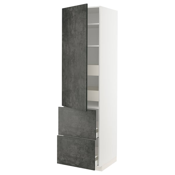METOD / MAXIMERA hi cab w shlvs/4 drawers/dr/2 frnts, white/Kalhyttan dark grey concrete effect, 60x60x220 cm