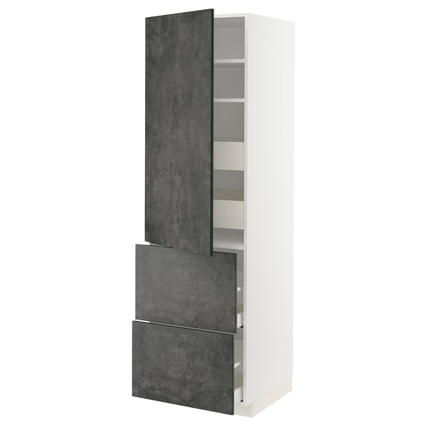 METOD / MAXIMERA hi cab w shlvs/4 drawers/dr/2 frnts, white/Kalhyttan dark grey concrete effect, 60x60x200 cm