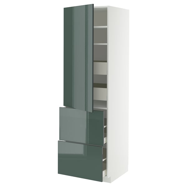 METOD / MAXIMERA hi cab w shlvs/4 drawers/dr/2 frnts, white/Kallarp high-gloss dark grey-green, 60x60x200 cm