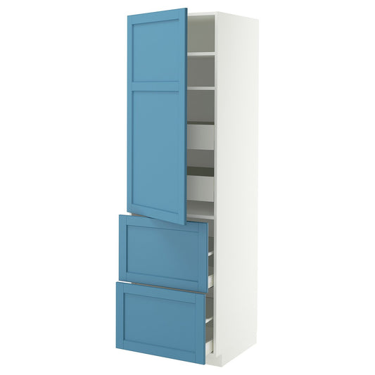 METOD / MAXIMERA hi cab w shlvs/4 drawers/dr/2 frnts, white/Lerhyttan blue, 60x60x200 cm
