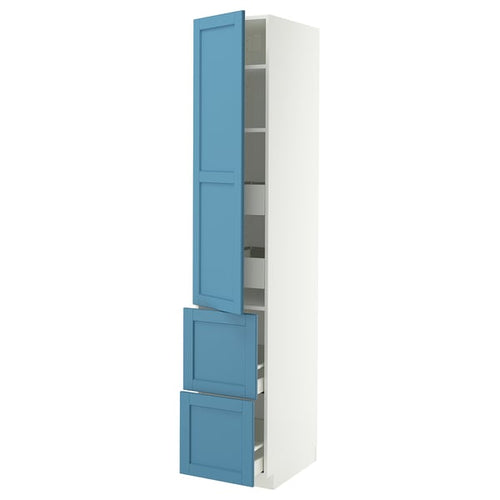 METOD / MAXIMERA hi cab w shlvs/4 drawers/dr/2 frnts, white/Lerhyttan blue, 40x60x220 cm