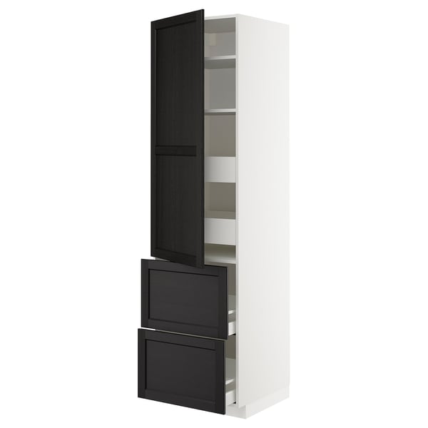 METOD / MAXIMERA hi cab w shlvs/4 drawers/dr/2 frnts, white/Lerhyttan black stained, 60x60x220 cm