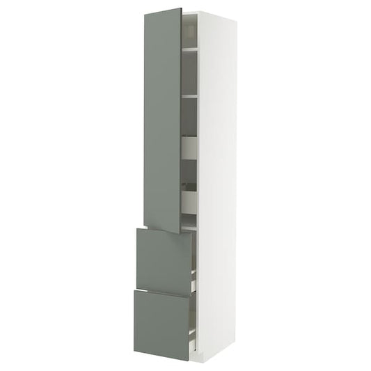 Ikea METOD / MAXIMERA - Hi cab w shlvs/4 drawers/dr/2 frnts, white/Nickebo matt grey-green, 40x60x220 cm