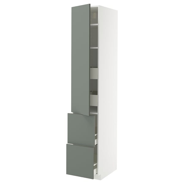METOD / MAXIMERA hi cab w shlvs/4 drawers/dr/2 frnts, white/Nickebo matt grey-green, 40x60x220 cm