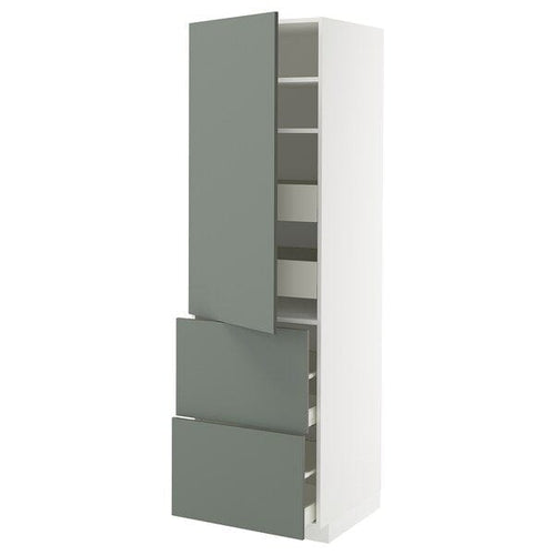 METOD / MAXIMERA hi cab w shlvs/4 drawers/dr/2 frnts, white/Nickebo matt grey-green, 60x60x200 cm