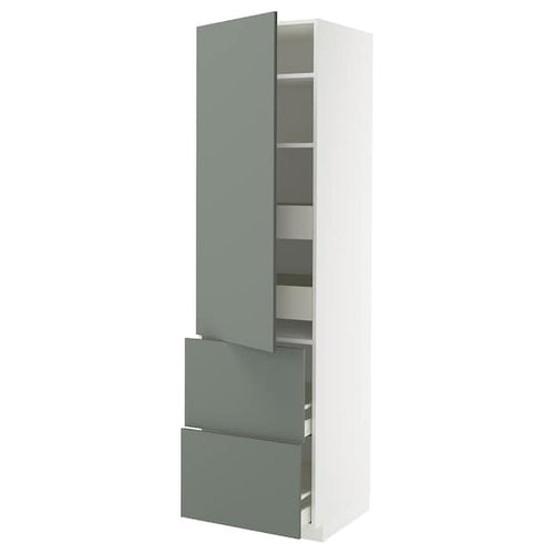 METOD / MAXIMERA hi cab w shlvs/4 drawers/dr/2 frnts, white/Nickebo matt grey-green, 60x60x220 cm