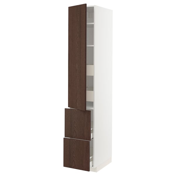 METOD / MAXIMERA hi cab w shlvs/4 drawers/dr/2 frnts, white/Sinarp brown, 40x60x220 cm