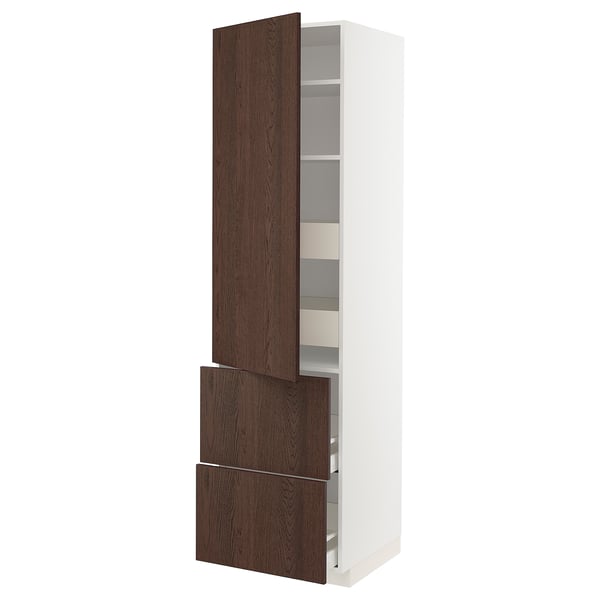 METOD / MAXIMERA hi cab w shlvs/4 drawers/dr/2 frnts, white/Sinarp brown, 60x60x220 cm
