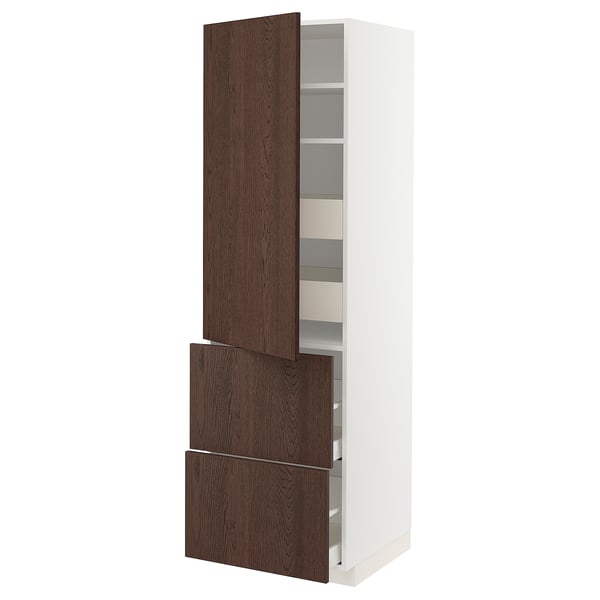 METOD / MAXIMERA hi cab w shlvs/4 drawers/dr/2 frnts, white/Sinarp brown, 60x60x200 cm