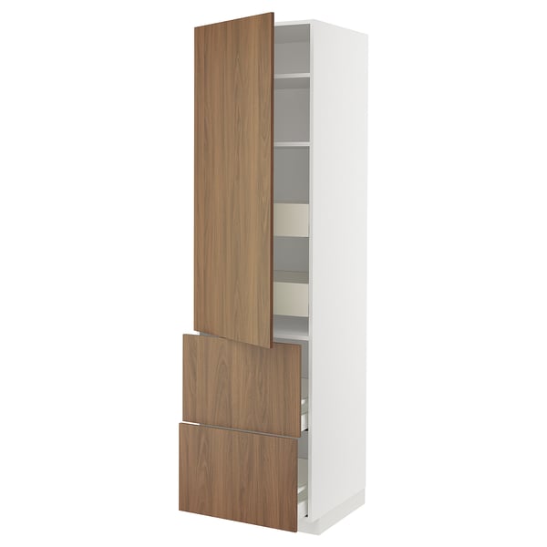 METOD / MAXIMERA hi cab w shlvs/4 drawers/dr/2 frnts, white/Tistorp brown walnut effect, 60x60x220 cm