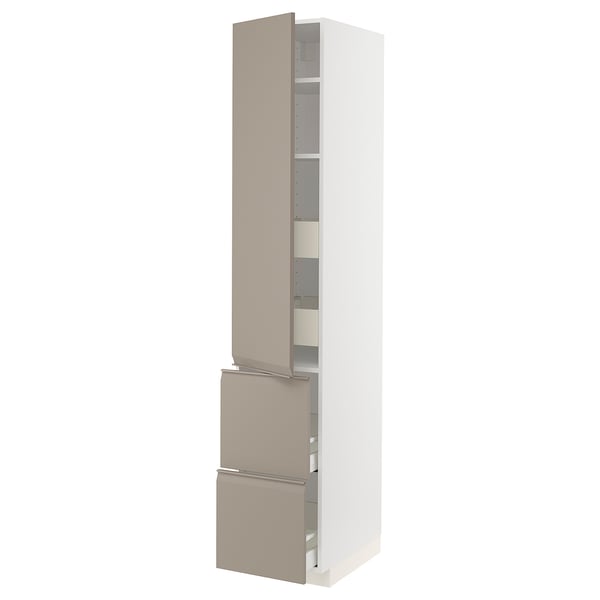METOD / MAXIMERA hi cab w shlvs/4 drawers/dr/2 frnts, white/Upplöv matt dark beige, 40x60x220 cm