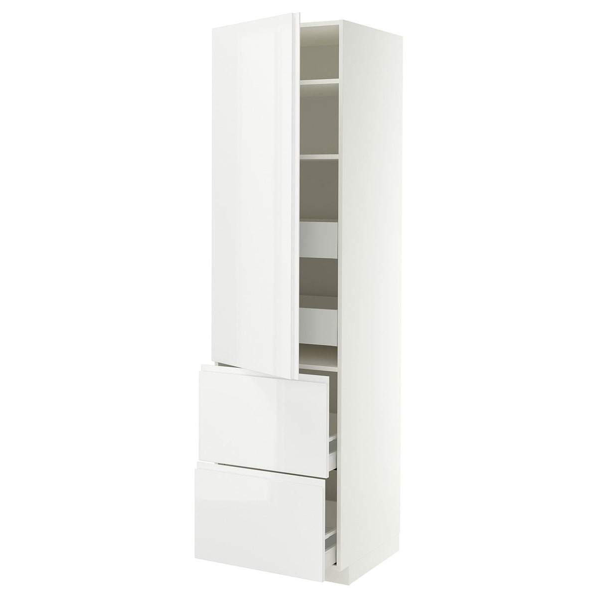 METOD / MAXIMERA hi cab w shlvs/4 drawers/dr/2 frnts, white/VOXTORP high-gloss white vertical handle, 60x60x220 cm