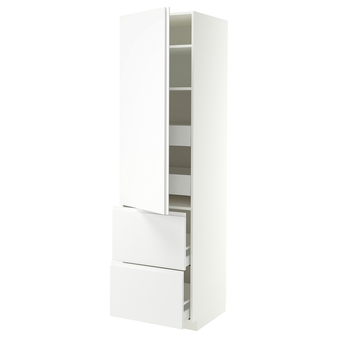 METOD / MAXIMERA hi cab w shlvs/4 drawers/dr/2 frnts, white/VOXTORP matt white vertical handle, 60x60x220 cm