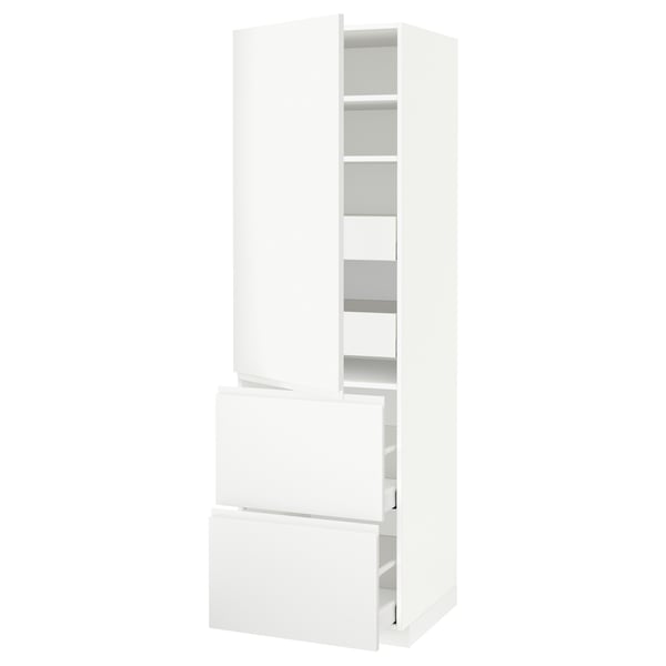 METOD / MAXIMERA hi cab w shlvs/4 drawers/dr/2 frnts, white/Voxtorp matt white, 60x60x200 cm