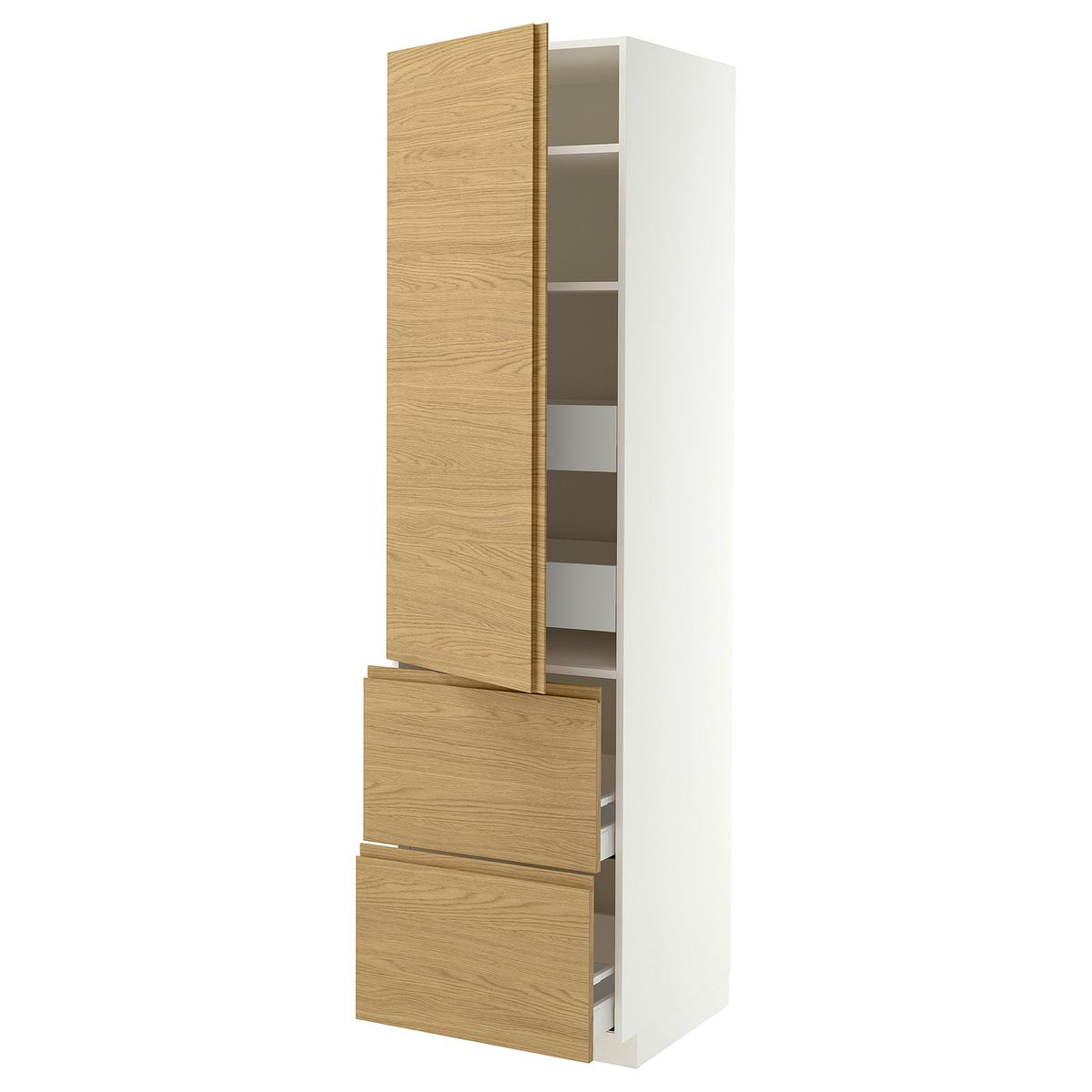METOD / MAXIMERA hi cab w shlvs/4 drawers/dr/2 frnts, white/VOXTORP oak effect vertical handle, 60x60x220 cm