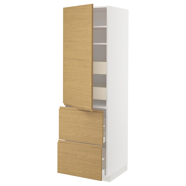 METOD / MAXIMERA - Hi cab w shlvs/4 drawers/dr/2 frnts, white/Voxtorp oak effect, 60x60x200 cm