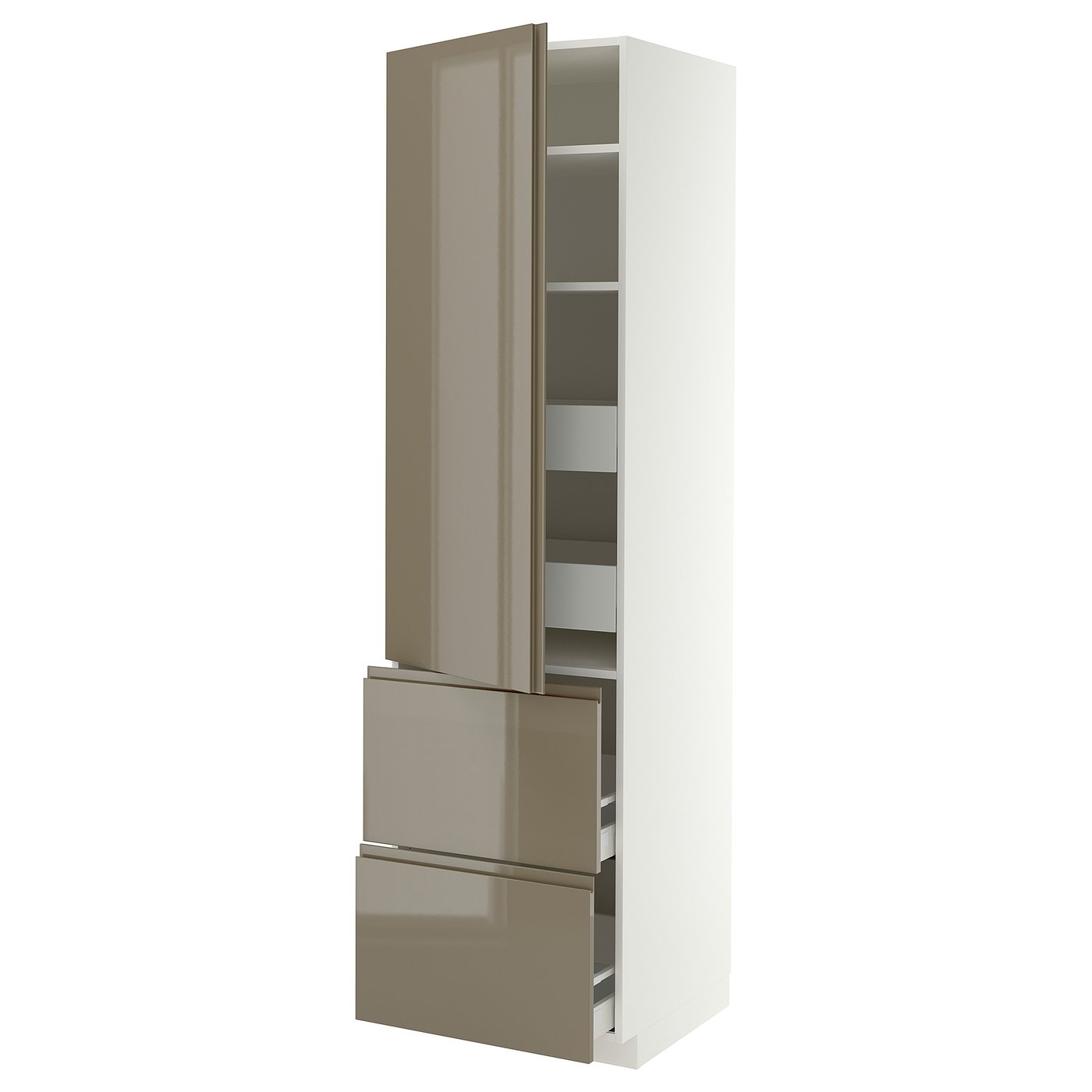 METOD / MAXIMERA hi cab w shlvs/4 drawers/dr/2 frnts, white/VOXTORP high-gloss dark grey-brown vertical, 60x60x220 cm