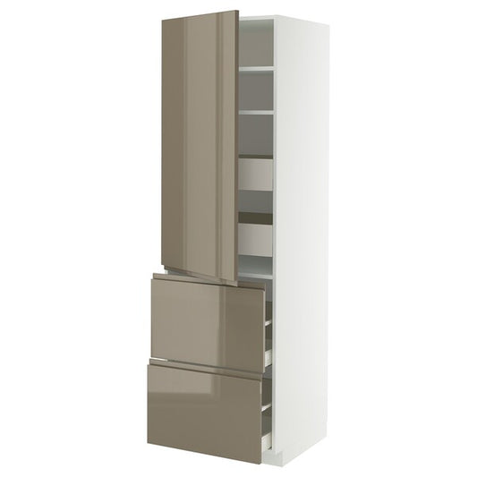 METOD / MAXIMERA - Hi cab w shlvs/4 drawers/dr/2 frnts, white/Voxtorp high-gloss dark grey-brown, 60x60x200 cm