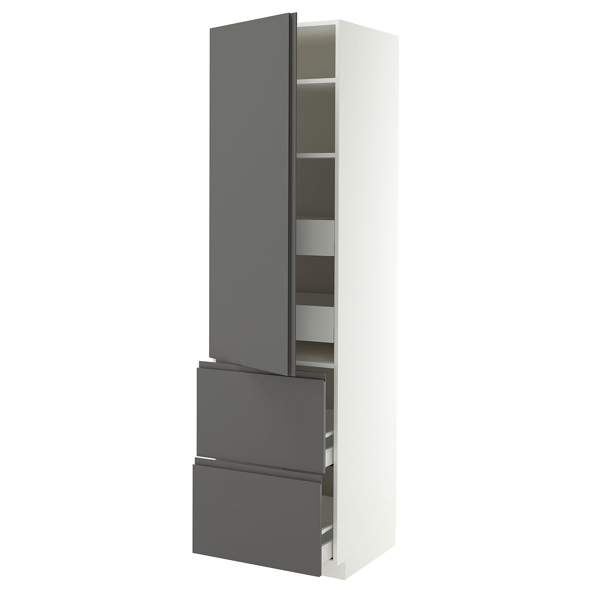 METOD / MAXIMERA hi cab w shlvs/4 drawers/dr/2 frnts, white/VOXTORP dark grey vertical handle, 60x60x220 cm
