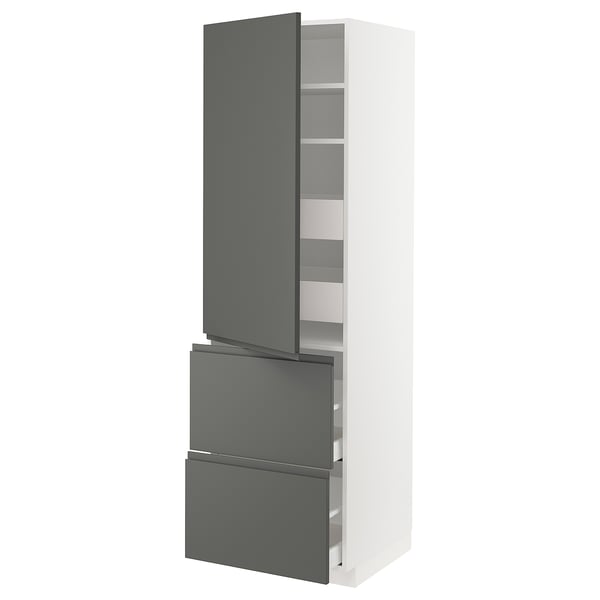 METOD / MAXIMERA hi cab w shlvs/4 drawers/dr/2 frnts, white/Voxtorp dark grey, 60x60x200 cm