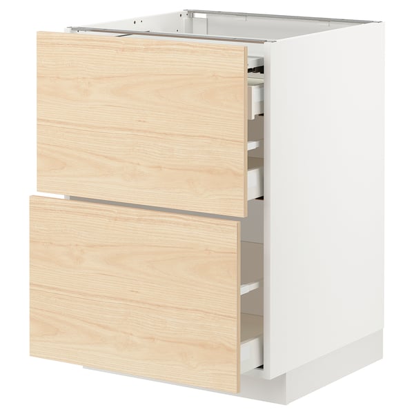 METOD / MAXIMERA bc w pull-out work surface/3drw, white/Askersund light ash effect, 60x60 cm