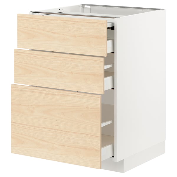 METOD / MAXIMERA bc w pull-out work surface/3drw, white/Askersund light ash effect, 60x60 cm