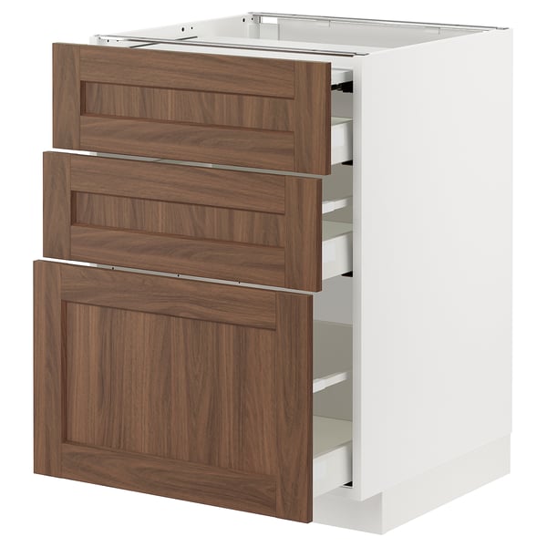 METOD / MAXIMERA - Bc w pull-out work surface/3drw, white Enköping/brown walnut effect, 60x60 cm