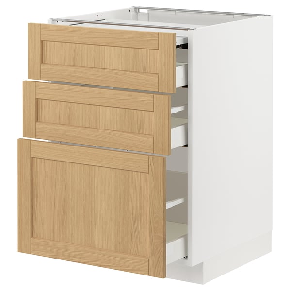 METOD / MAXIMERA bc w pull-out work surface/3drw, white/Forsbacka oak, 60x60 cm
