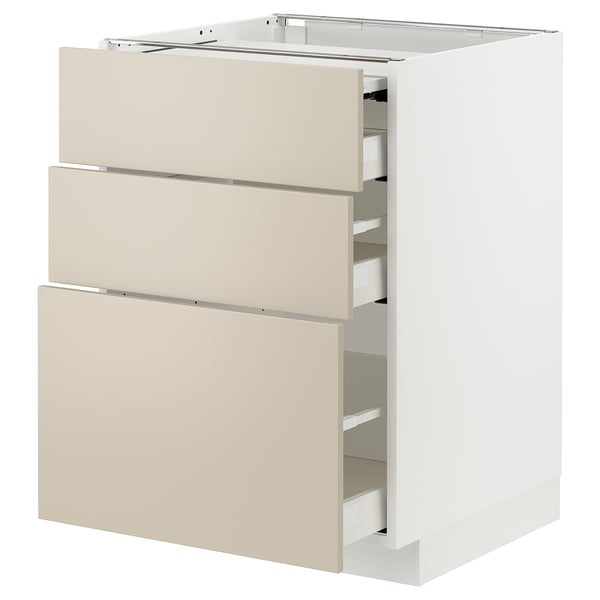 METOD / MAXIMERA bc w pull-out work surface/3drw, white/Havstorp beige, 60x60 cm