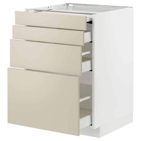 METOD / MAXIMERA bc w pull-out work surface/3drw, white/Havstorp beige, 60x60 cm