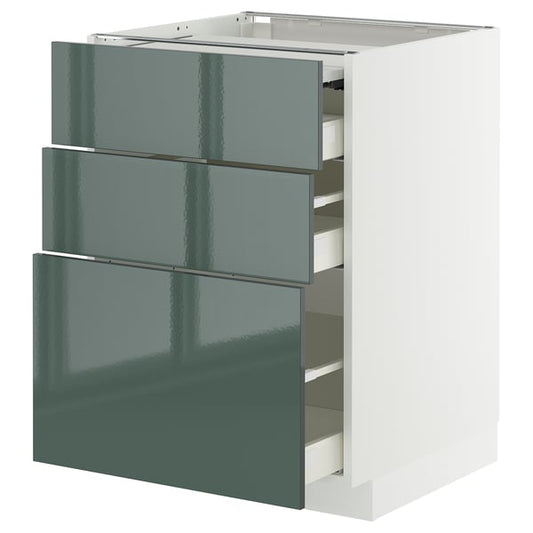 METOD / MAXIMERA bc w pull-out work surface/3drw, white/Kallarp high-gloss dark grey-green, 60x60 cm