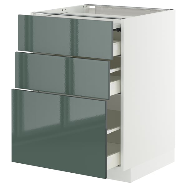 METOD / MAXIMERA bc w pull-out work surface/3drw, white/Kallarp high-gloss dark grey-green, 60x60 cm