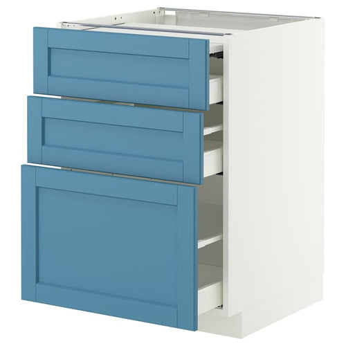 METOD / MAXIMERA bc w pull-out work surface/3drw, white/Lerhyttan blue, 60x60 cm