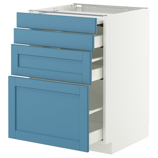 METOD / MAXIMERA cabinet/extr/3 drawers, white/Lerhyttan blue, 60x60 cm