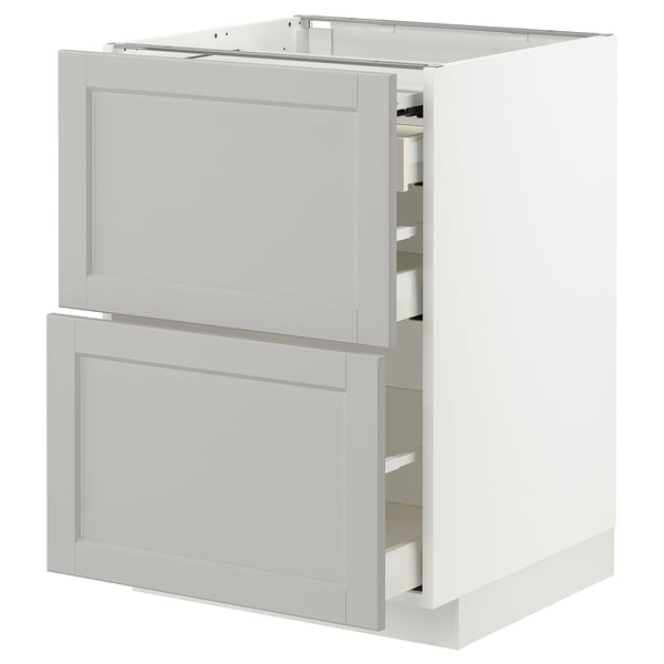 METOD / MAXIMERA bc w pull-out work surface/3drw, white/Lerhyttan light grey, 60x60 cm