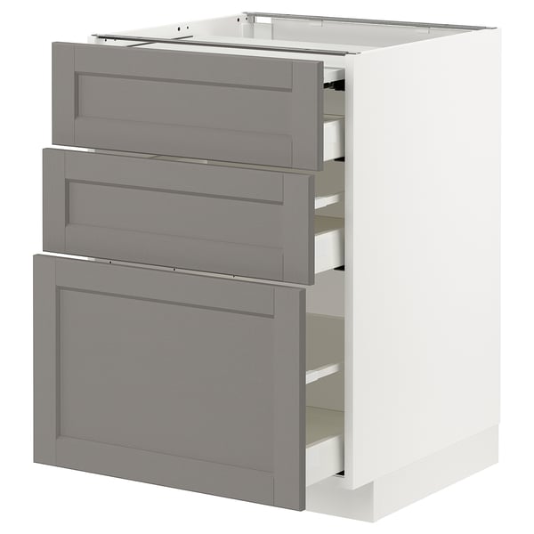 METOD / MAXIMERA bc w pull-out work surface/3drw, white/Lerhyttan light grey, 60x60 cm