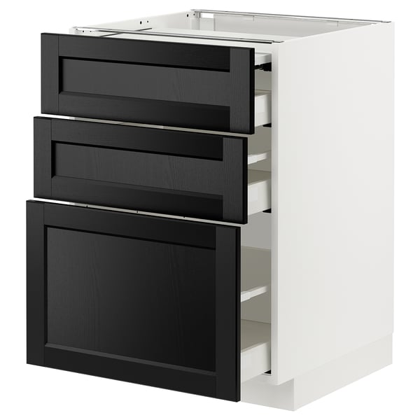 METOD / MAXIMERA - Bc w pull-out work surface/3drw, white/Lerhyttan black stained , 60x60 cm