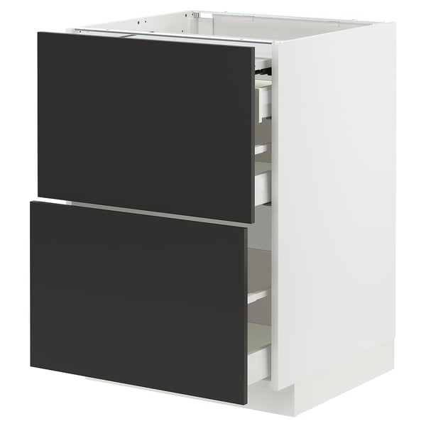 METOD / MAXIMERA bc w pull-out work surface/3drw, white/Nickebo matt anthracite, 60x60 cm