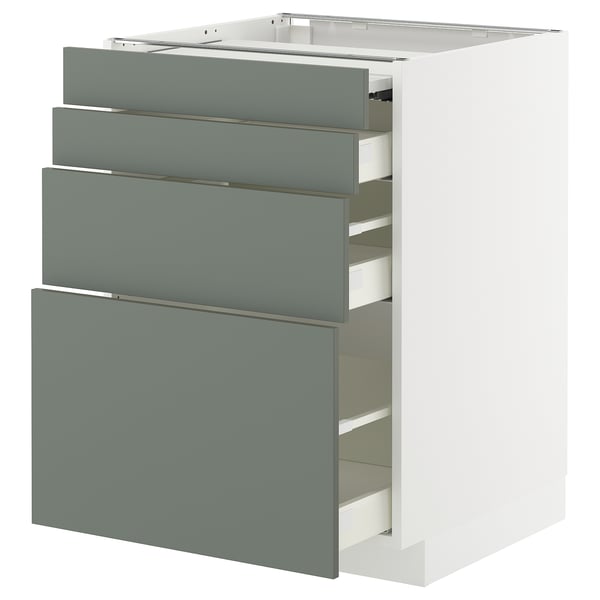 METOD / MAXIMERA bc w pull-out work surface/3drw, white/Nickebo matt grey-green, 60x60 cm