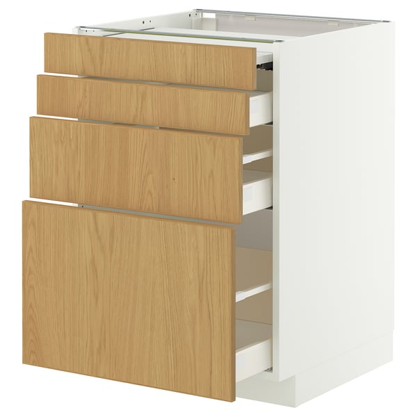 METOD / MAXIMERA bc w pull-out work surface/3drw, white/Sinarp oak veneer, 60x60 cm