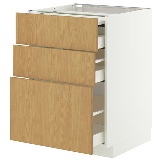 METOD / MAXIMERA bc w pull-out work surface/3drw, white/Sinarp oak veneer, 60x60 cm