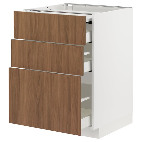 METOD / MAXIMERA bc w pull-out work surface/3drw, white/Tistorp brown walnut effect, 60x60 cm