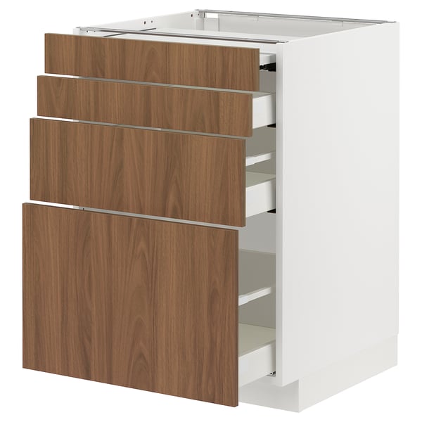 METOD / MAXIMERA bc w pull-out work surface/3drw, white/Tistorp brown walnut effect, 60x60 cm