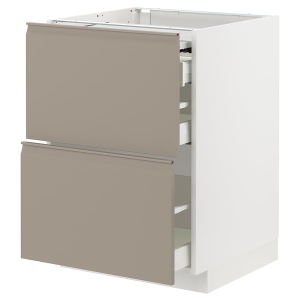METOD / MAXIMERA bc w pull-out work surface/3drw, white/Upplöv matt dark beige, 60x60 cm