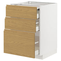 METOD / MAXIMERA - Bc w pull-out work surface/3drw, white/Voxtorp oak effect, 60x60 cm