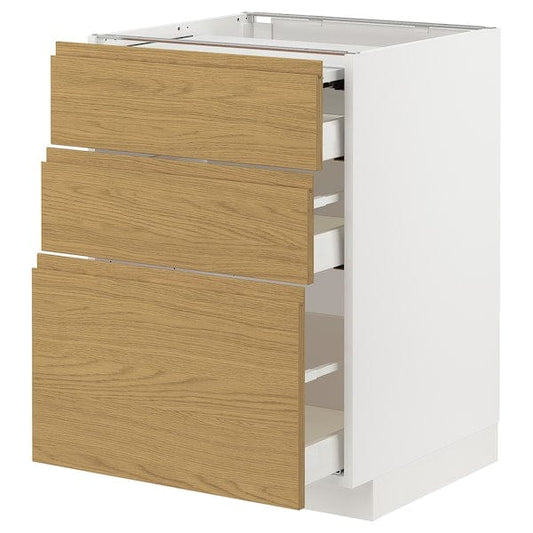 Ikea METOD / MAXIMERA - Bc w pull-out work surface/3drw, white/Voxtorp oak effect, 60x60 cm