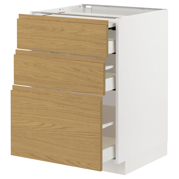 METOD / MAXIMERA bc w pull-out work surface/3drw, white/Voxtorp oak effect, 60x60 cm
