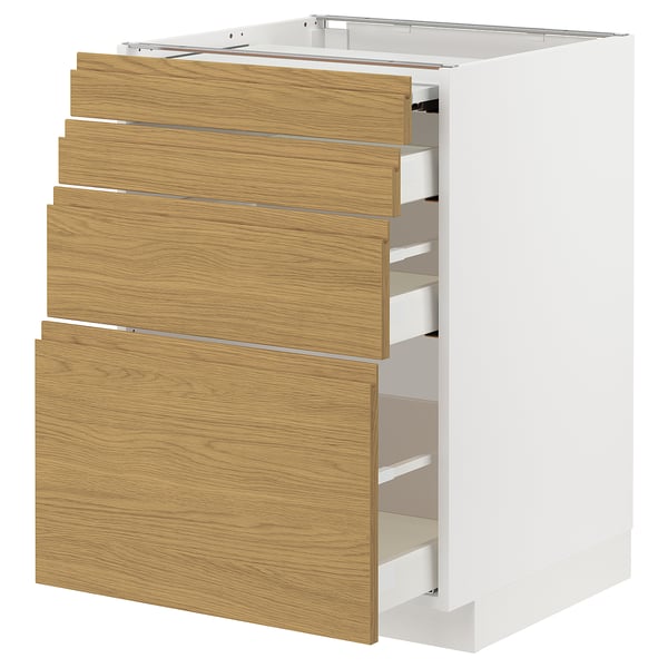 METOD / MAXIMERA bc w pull-out work surface/3drw, white/Voxtorp oak effect, 60x60 cm