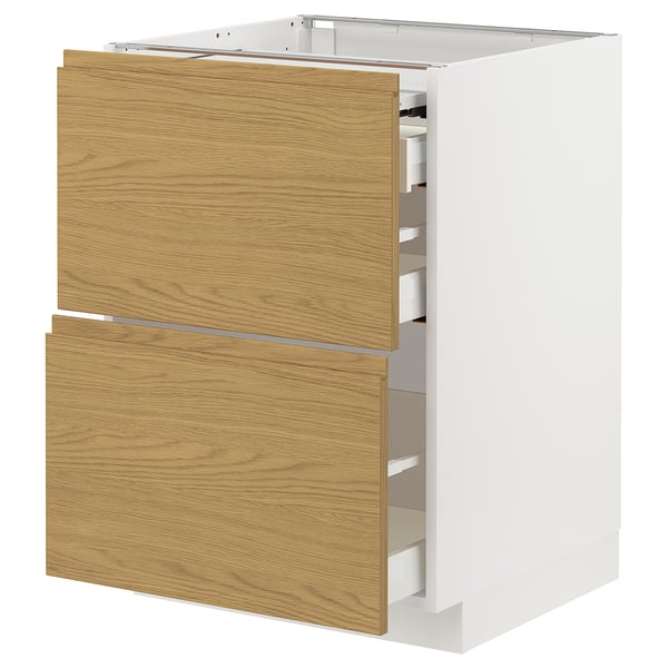 METOD / MAXIMERA bc w pull-out work surface/3drw, white/Voxtorp oak effect, 60x60 cm